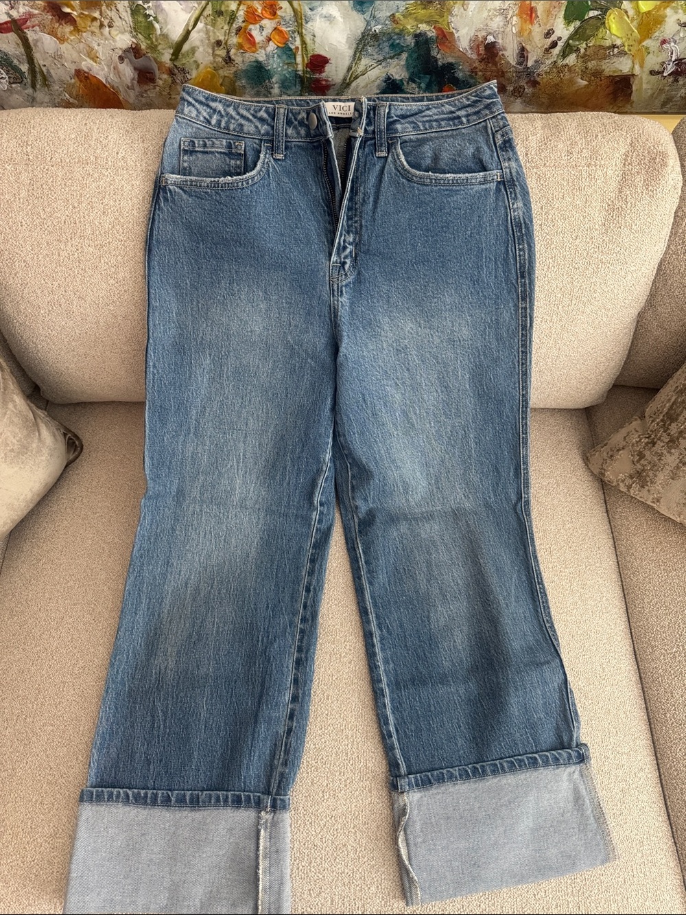 VICI Mid-Blue Wide-Leg Cuffed Jeans